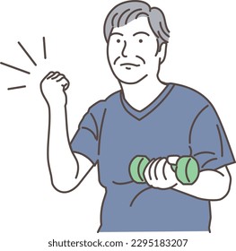 Smiling senior man training with dumbbells