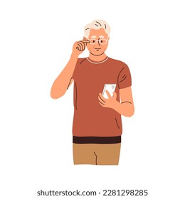 Smiling senior man using mobile phone. Mature person in eyeglasses standing holding smartphone in hand reading message, news, surfing internet. Flat vector illustration isolated on white background