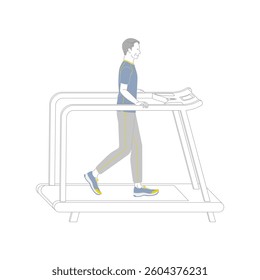 Smiling senior man walking on a running machine at the gym