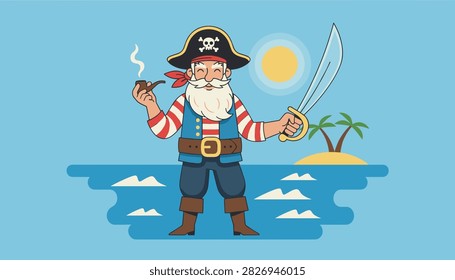 Smiling senior pirate captain with a long white beard, holding a smoking pipe and a cutlass sword while standing on a tropical beach.