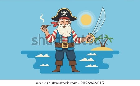Smiling senior pirate captain with a long white beard, holding a smoking pipe and a cutlass sword while standing on a tropical beach.