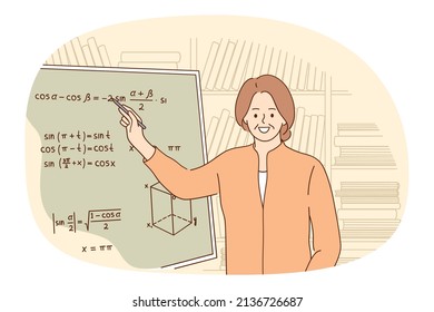 Smiling senior teacher stand near board explain math to pupils or students. Happy mature woman tutor have mathematics class in school or college. Education and learning. Vector illustration. 