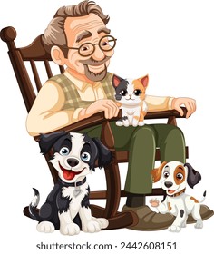 Sonriente senior con dos perros y un gato