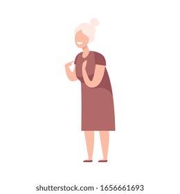 Smiling Senior Woman Character Standing and Gesturing Flat Vector Illustration