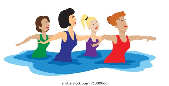 Smiling senior woman doing aqua fitness. Happy mature healthy woman taking fitness classes in aqua aerobics. Healthy old woman doing aqua gym with trainer.