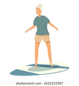 Smiling senior woman enjoying surfing on surfboard, active lifestyle for elderly people