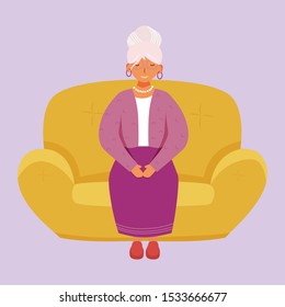 Smiling senior woman flat vector illustration. Full body cheerful grandmother waiting on couch. Happy caucasian old lady sitting on sofa isolated cartoon character on violet background
