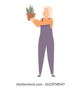 Smiling senior woman gardener holding a potted plant, gardening and active lifestyle concept