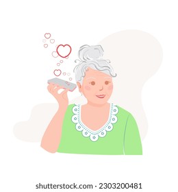 Smiling senior woman getting love hearts on her phone. Wearing green shirt. Vector illustration.