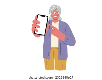  Smiling senior woman is holding mobile phone and pointing at it with his finger.Old people and modern technology.Vector illustration in flat style on white background