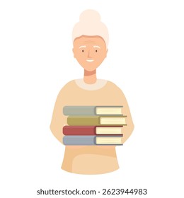 Smiling senior woman holding a stack of books, embracing lifelong learning and the pursuit of knowledge