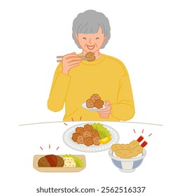 Smiling senior woman (living alone) eating a greasy meal