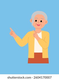 smiling  senior woman pointing finger to presenting illustration