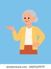 smiling  senior woman pointing hand to presenting illustration