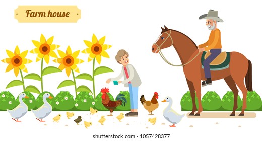 Smiling Senior Woman Standing Happily In Her Backyard, While Chickens And Ducks  Are Gathered Around On The Grass At Her Feet And An Older Man On A Horse. White Background. Vector Illustration In Flat