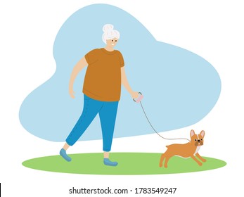 Smiling senior woman walking with french bulldog outdoor. Happy old lady with her favorite pet. Healthy lifestyle and active pastime for elderly people. Vector flat cartoon illustration.