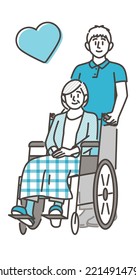 Smiling senior woman in wheelchair and male caregiver (home helper) [Vector illustration].