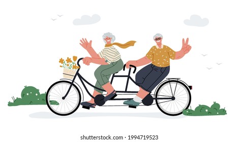 Smiling Seniors Couple Riding Tandem, Cheerful Elderly Woman And Man On The Bike, City Park,nature.Flat Vector Illustration.