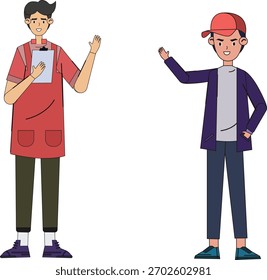 Smiling service worker and casual customer waving hello gesture