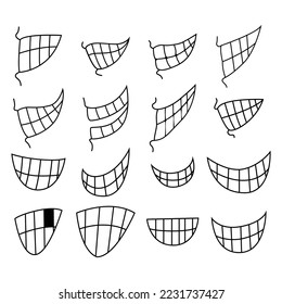 Smiling set design by Vector and illustrator. Mouth teeth toothed happy element emoji symbol