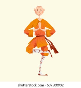 Smiling Shaolin Monk. Kung Fu. Meditating. Vector illustration