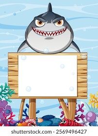 Smiling shark above a wooden underwater sign