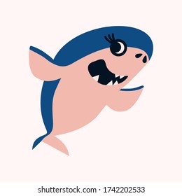 Smiling shark in blue and pink colors with open mouth. Vector Illustration in childish style. Eps stock graphic image for baby nursery, card, invitation, mug, kids decal, sticker. Isolated element.