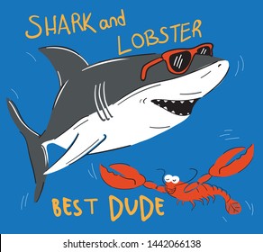 Smiling Shark Cartoon Mascot Character With Sunglasses and lobster friend