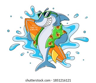 Smiling Shark Cartoon Mascot Character With Sunglasses, hawaiian green shirt and board.