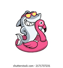 Smiling Shark Cartoon Mascot Character With Sunglasses and flamingo floatie, vector illustration