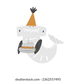 Smiling shark in a festive hat holding a cake with a candle. Vector illustration. Cliparts for decorating children's birthday party, party, invitations, cards, baby shower.
