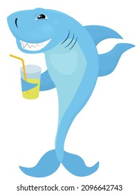 Smiling shark with glass of lemonade isolated on white. Vector cartoon mascot character illustration.