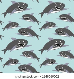 Patrón de tiburón sonriente sin costura para bebé, ropa de niño. Diseño de repliegue de vida en el mar, arrecife con copio de pescado elasmobranch vectorial para tela o papel pintado. 