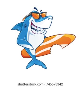 Smiling Shark Surfer Cartoon Character with Sunglasses holding Surfboard