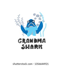 Smiling Sharks Family - Grandma Shark - vector drawings set. T-Shirts, Hoodie, Tank. Vector illustration text for clothes.