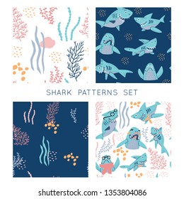 Smiling Sharks Family vector backgrounds  set. Seamless patterns bundle for T-Shirts, Hoodie, Tank. Illustration  for clothes and merch.