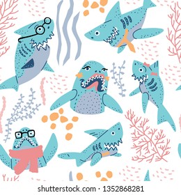 Smiling Sharks Family vector drawings set. Seamless pattern for T-Shirts, Hoodie, Tank. Illustration  for clothes and merch.