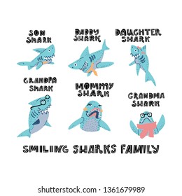 Smiling Sharks Family vector drawings set. Clipart for T-Shirts, Hoodie, Tank. Vector illustration text for clothes.