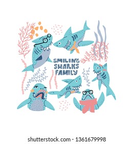 Smiling Sharks Family vector drawings set. Clipart for T-Shirts, Hoodie, Tank. Vector illustration text for clothes.