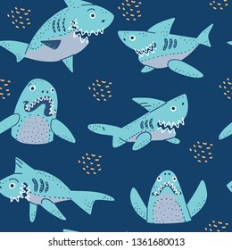 Smiling Sharks Family vector drawings set. Seamless pattern for T-Shirts, Hoodie, Tank. Illustration  for clothes and merch.