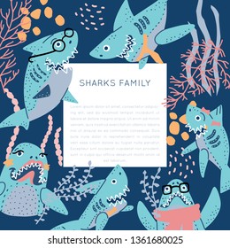 Smiling Sharks Family vector drawings set. T-Shirts, Hoodie, Tank. Vector illustration text for clothes, square frame. Isolated rectangle concept.
