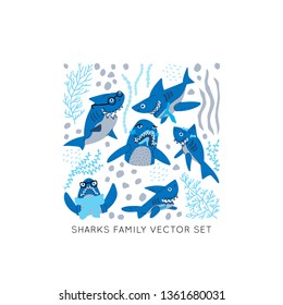 Smiling Sharks Family vector drawings set. T-Shirts, Hoodie, Tank. Vector illustration text for clothes, square frame. Isolated rectangle concept.
