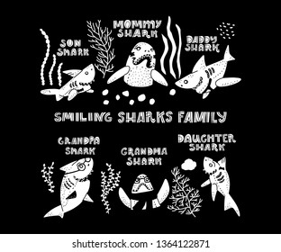 Smiling Sharks Family vector drawings set. Clipart for T-Shirts, Hoodie, Tank. Vector illustration text for clothes.