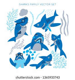 Smiling Sharks Family vector drawings set. Clipart for T-Shirts, Hoodie, Tank. Vector illustration text for clothes.