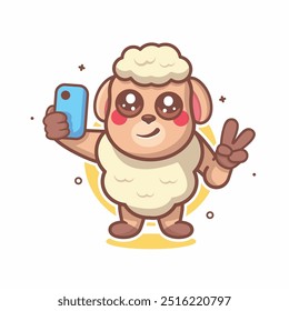 smiling sheep character mascot taking a selfie with a smartphone isolated cartoon