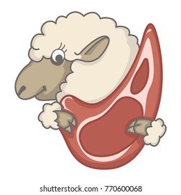 A smiling sheep holds and shows mutton meat that is being produced from it. The image can be placed in a circle. Vector on a transparent background.