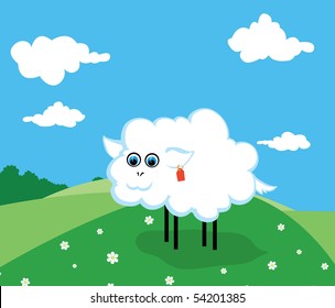 smiling sheep on a green pasture with the flowers