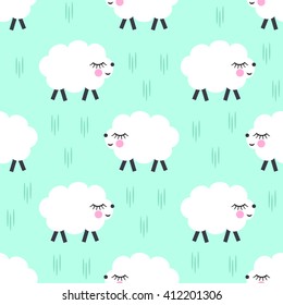 Smiling sheep seamless pattern background. Vector baby sheep illustration for kids holidays. Cute bright baby shower background. Child drawing style walking sheep. Kids design for fabric and decor.