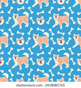 SMILING SHIBA INU WITH BONE SEAMLESS PATTERN