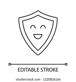 Smiling shield linear icon. Reliable protection, security. Thin line illustration. Easy safety. Defence. Happy shield. Emoji, emoticon. Contour symbol. Vector isolated outline drawing. Editable stroke